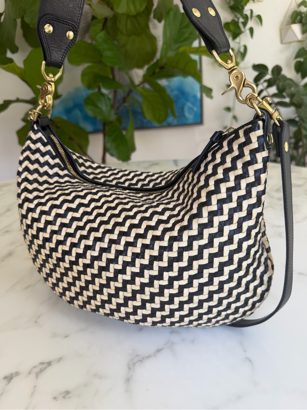 Clare V. Moyen Messenger Bag Black & Cream Woven Zig Zag Leather Crossbody - Picture 6 of 16